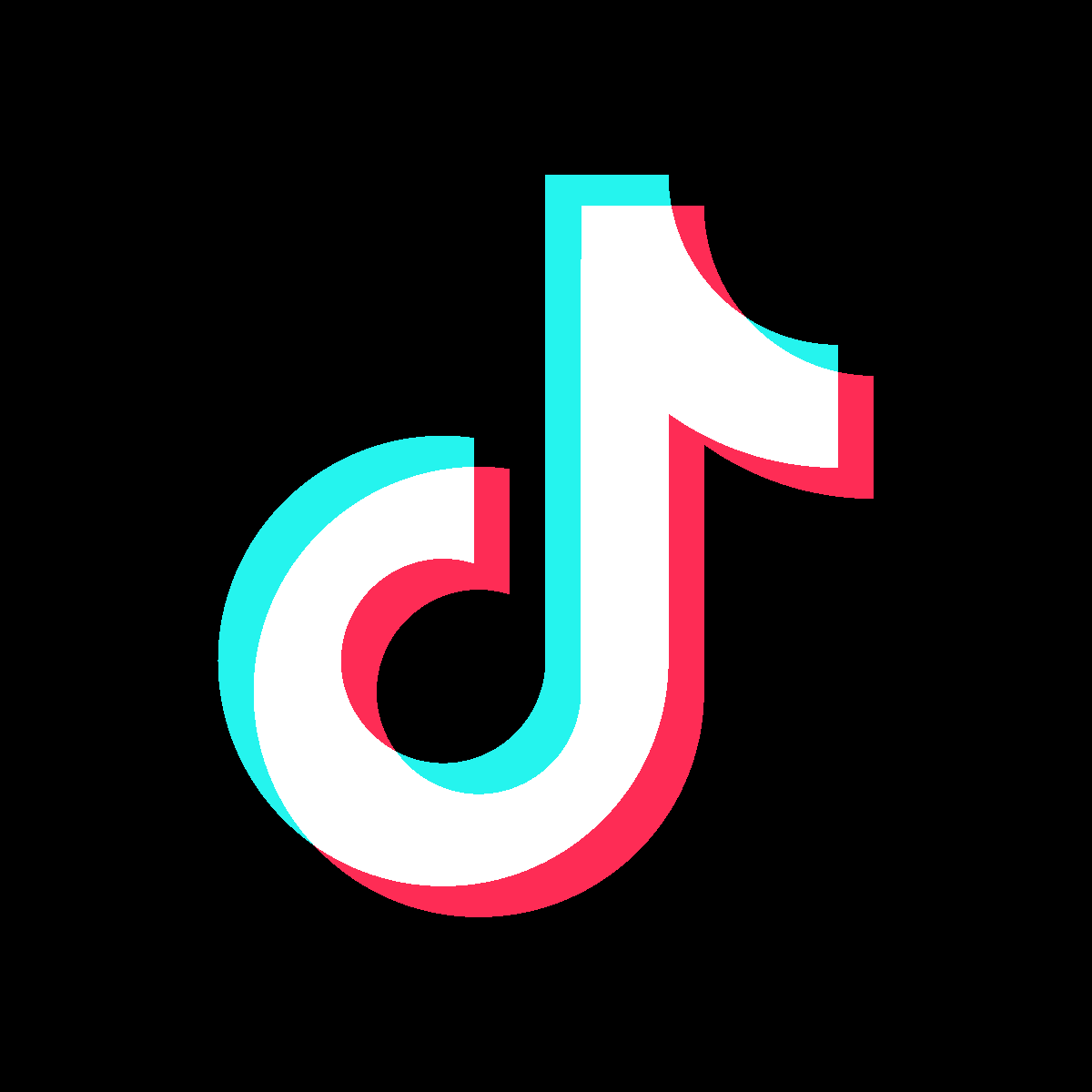 Logo tiktok, een witte T die lijkt op een muzieknoot, met blauwe en roze schaduw. Op een zwarte achtergrond