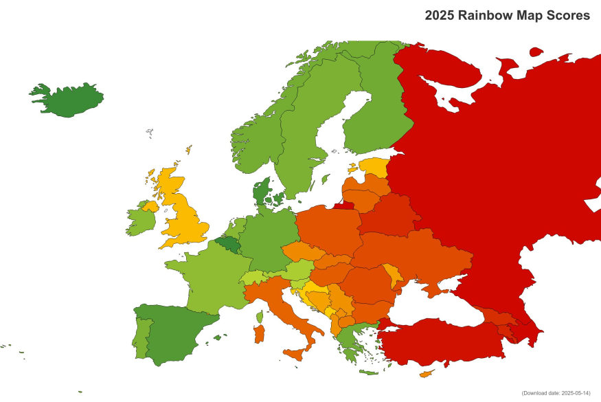 Map van Europa ingekleurd volgens LGBTI+ wetten en rechten