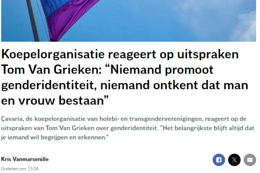 Koepelorganisatie reageert op uitspraken Tom Van Grieken: Niemand promoot genderidentiteit, niemand ontkent dat man en vrouw bestaan + foto regenboogvlag