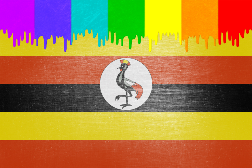 vlag van Oeganda met bovenaan regenboogkleuren toegevoegd