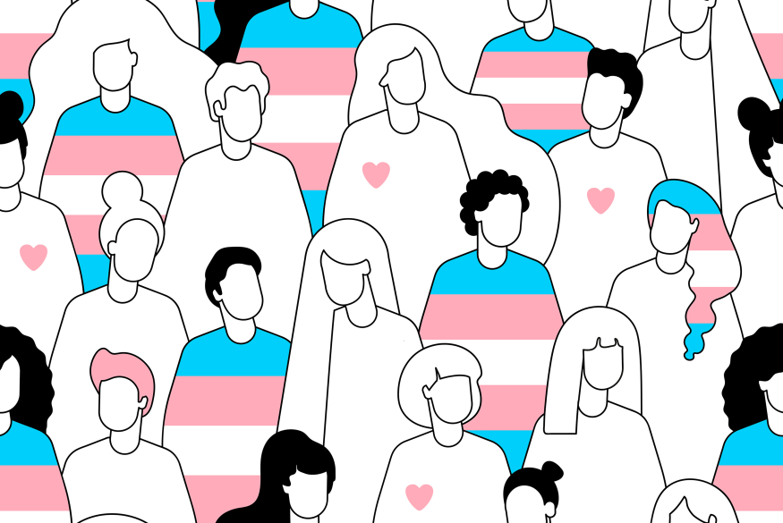 Getekende mensen ingekleurd met de kleuren van de trans vlag
