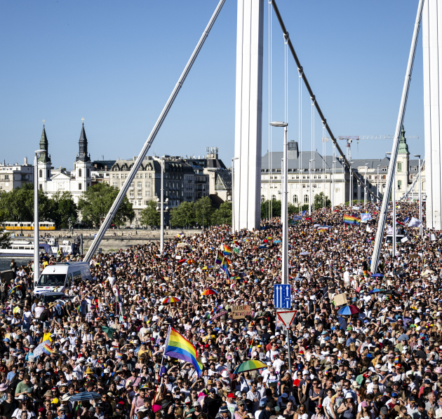 Massa mensen op brug in Budapest