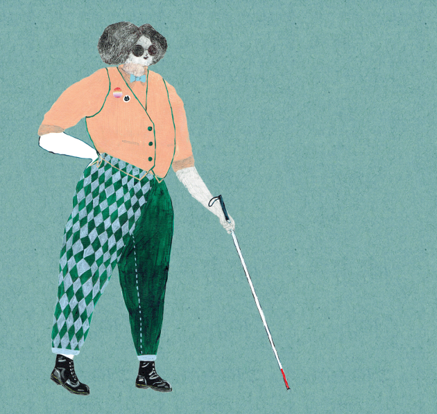 Illustratie van een blinde persoon met zonnebril en wandelstok. De persoon draagt een button met de lesbische vlag op.