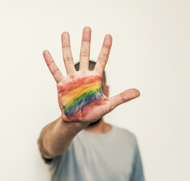 Iemand maakt het stopteken met hun hand. Op het hand staat een regenboogvlag gekleurd. 