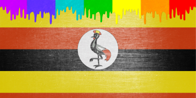 vlag van Oeganda met bovenaan regenboogkleuren toegevoegd