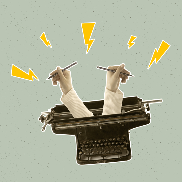 Fotocollage van een typmachine met daaruit twee handen en bliksemschichten.