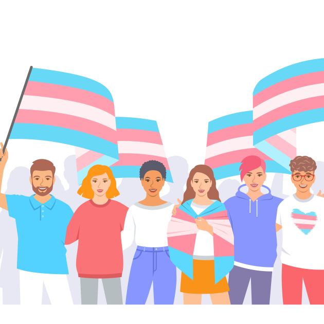 Groep getekende personen met een trans vlag boven het hoofd