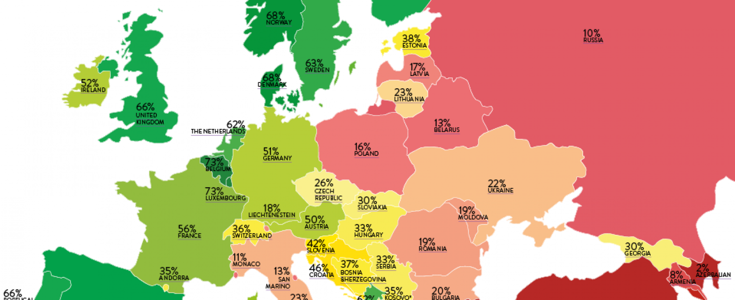 Kaart van Europa met daarop de resultaten van de Rainbow Europe index 2020