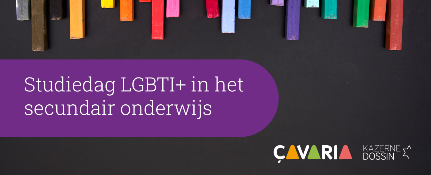 Paarse cirkel met 'studiedag LGBTI+ in het onderwijs' en de logo's van çavaria en Kazerne Dossin