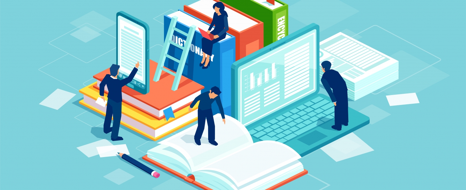 vier getekende mensen zitten op en rond computer en boeken vier getekende mensen zitten op en rond computer en boeken