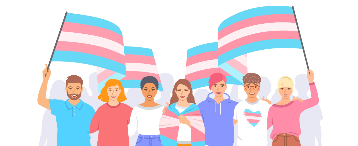 Groep getekende personen met een trans vlag boven het hoofd