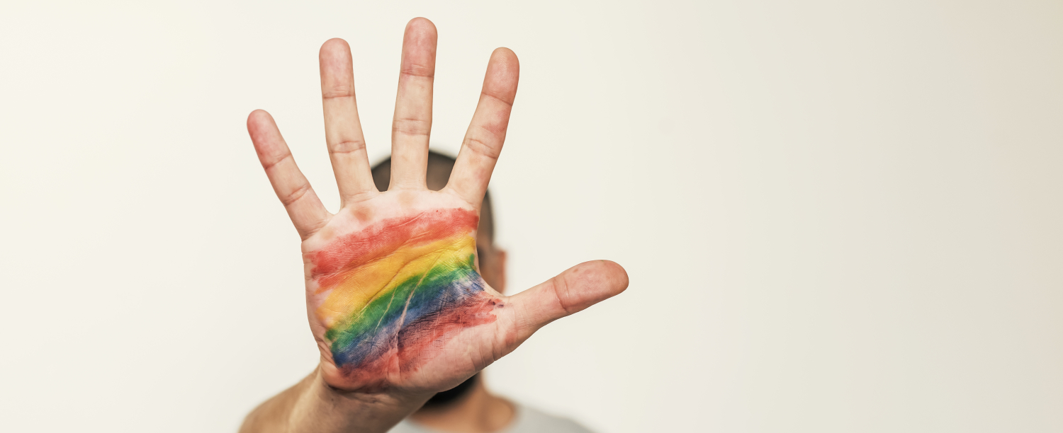 Iemand maakt het stopteken met hun hand. Op het hand staat een regenboogvlag gekleurd. 